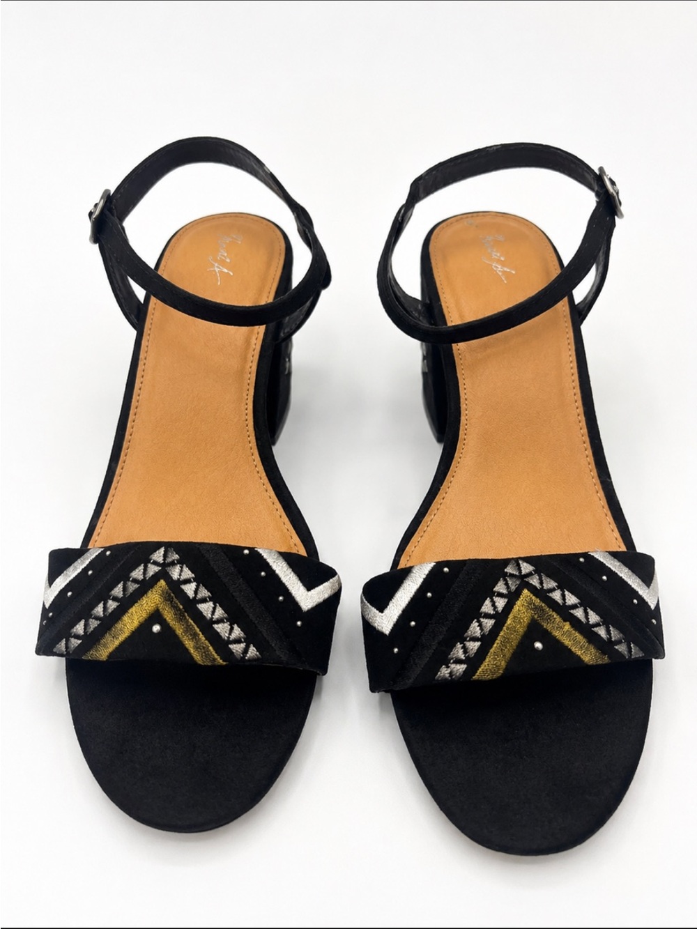 Black Beaded Ankle-Strap Sandals with Metallic Accents